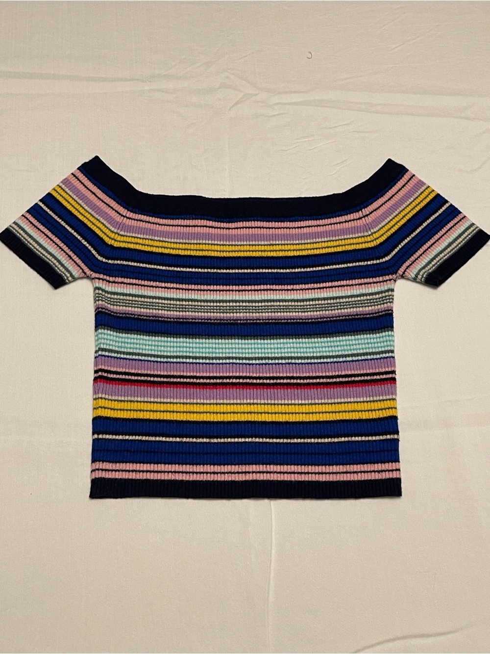 Playful Y2K Style Off-the-Shoulder Ribbed Knit Vibrant Multicolor Crop Top